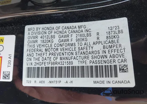 2024 Honda Civic Touring from USA, damaged, VIN 2HGFE1F98RH321589